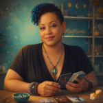 Stylized rendering of Mel Morris holding tarot cards wearing crystal gemstone jewelry