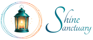 Logo included teal lantern with glowing candle surrounded by multi colored circles and the the words Shine Sanctuary to the right